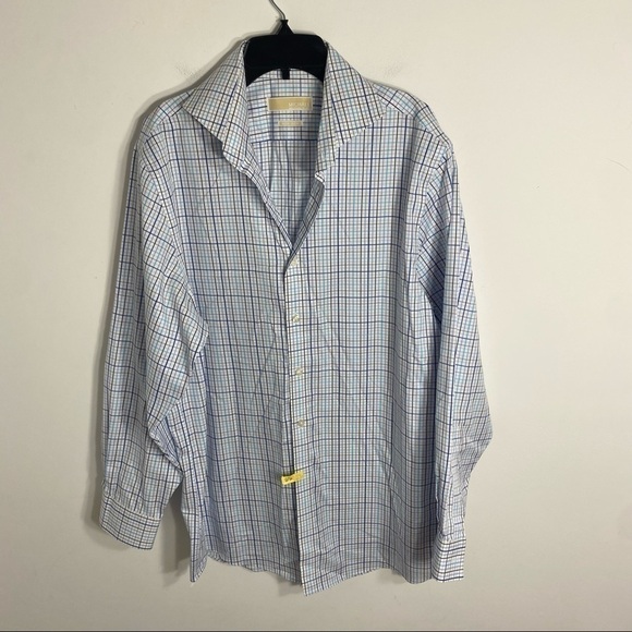 Michael Michael Kors Plaid Button Down Shirt 16 32/33 Non Iron Blue White - Picture 2 of 7